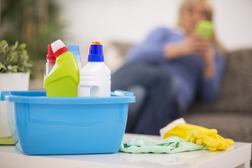 Professional carpet cleaning process in progress with safety considerations